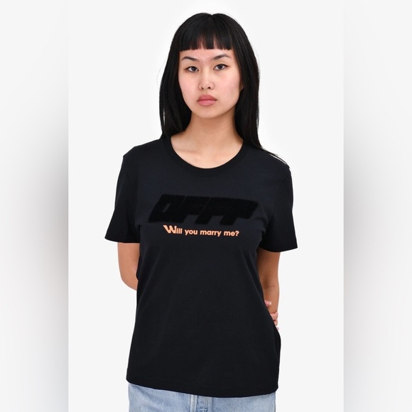 Off-White Black Tee with Orange Text - Picture 1 of 5